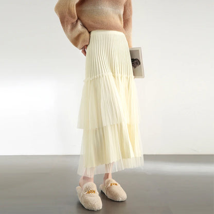 Damen A-Linien-Rock mit Plissee-Details im eleganten Patchwork-Mesh-Design