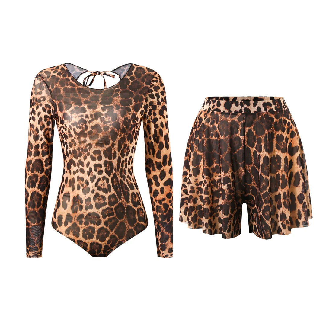 Damen-Badeanzug Leopard Langarm Shorts Set gepolstert einteilig