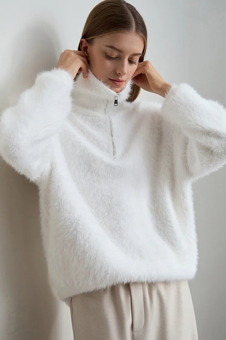 Damen-Rollkragenpullover Nerz-Imitat Reißverschluss locker dick Winter
