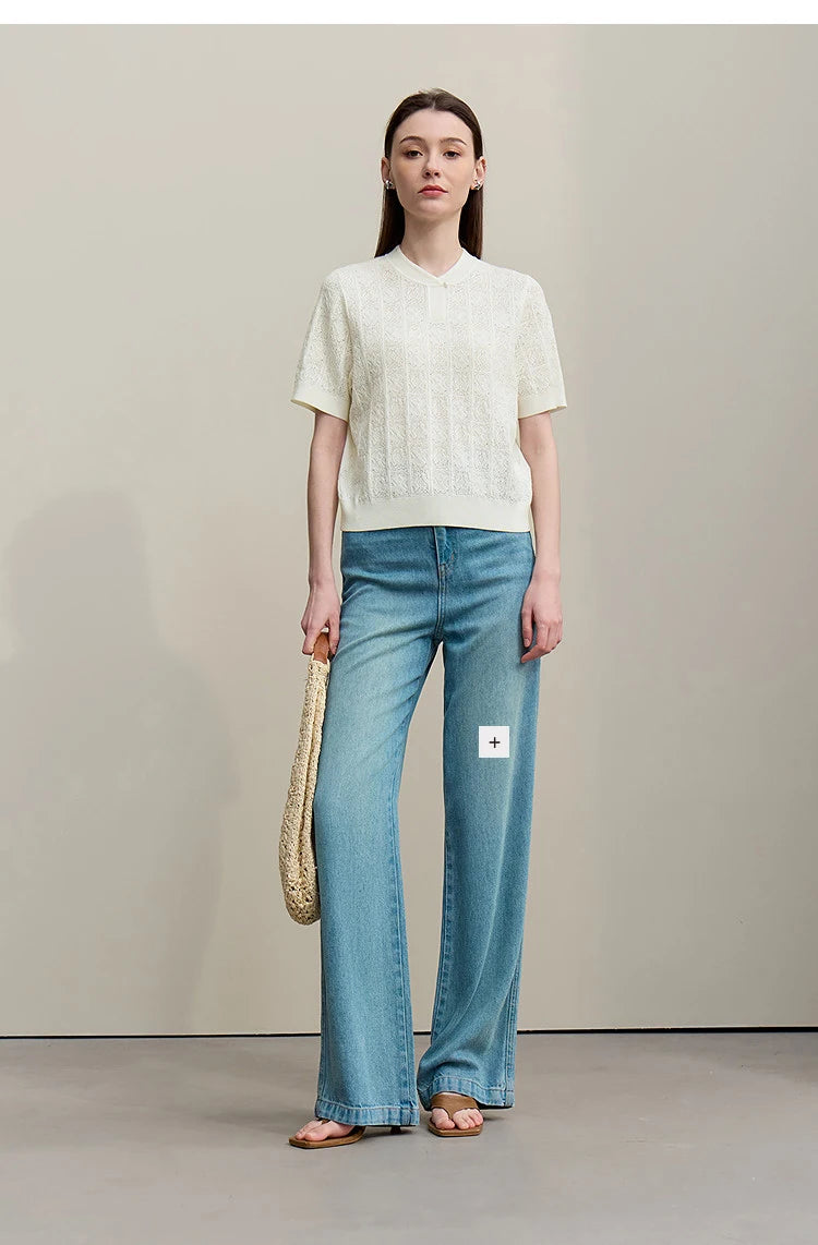 Damenpullover mit Stehkragen, Kurzarm und Knopfleiste, off-white gemustert, Ganzansicht