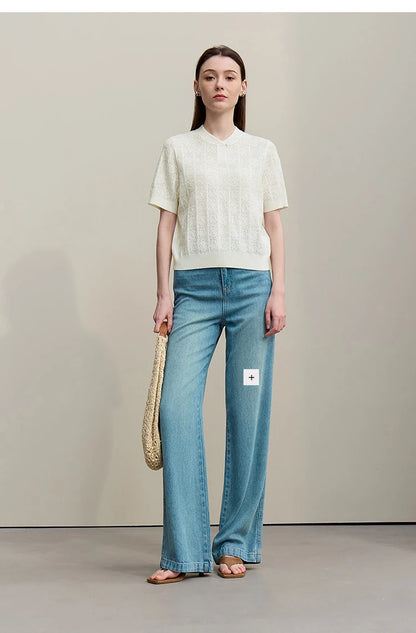 Damenpullover mit Stehkragen, Kurzarm und Knopfleiste, off-white gemustert, Ganzansicht