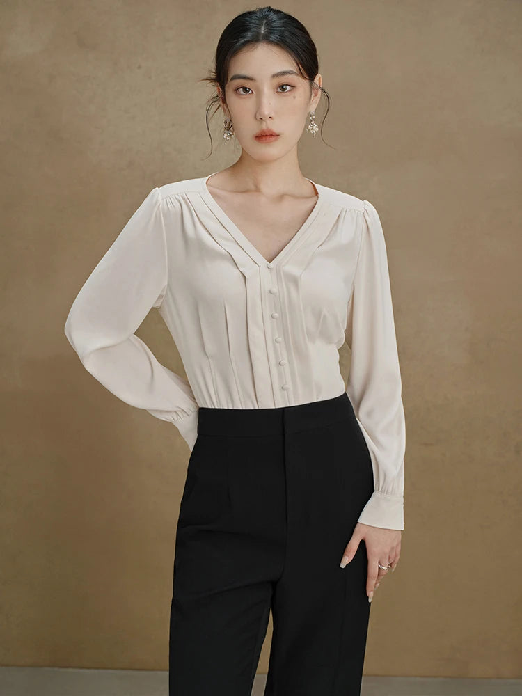 Elegante Damenbluse mit V-Ausschnitt – Schlanke Passform in Gelb oder Blau für stilvolle Herbst-Looks