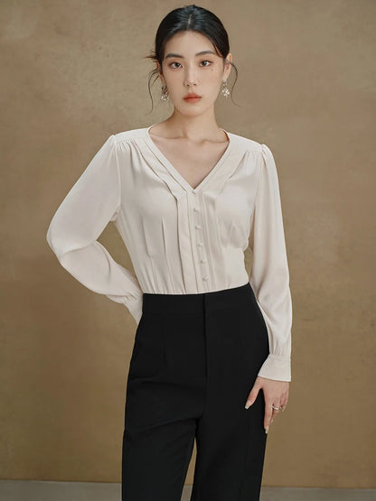 Elegante Damenbluse mit V-Ausschnitt – Schlanke Passform in Gelb oder Blau für stilvolle Herbst-Looks