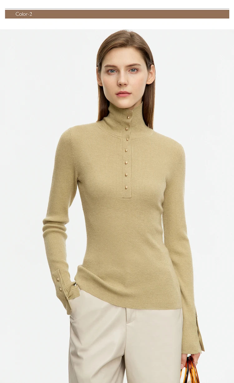 Damen-Strickjacke Rollkragen Knopfleiste Slim halboffene Front Herbst