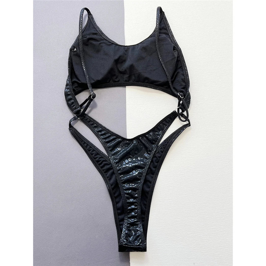 Damen-Badeanzug Schlangenhaut Cut-Out Micro-Tanga High-Leg