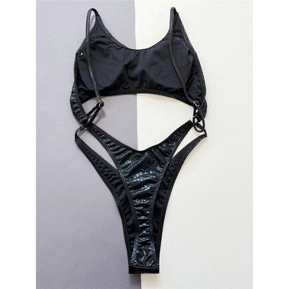 Damen-Badeanzug Schlangenhaut Cut-Out Micro-Tanga High-Leg