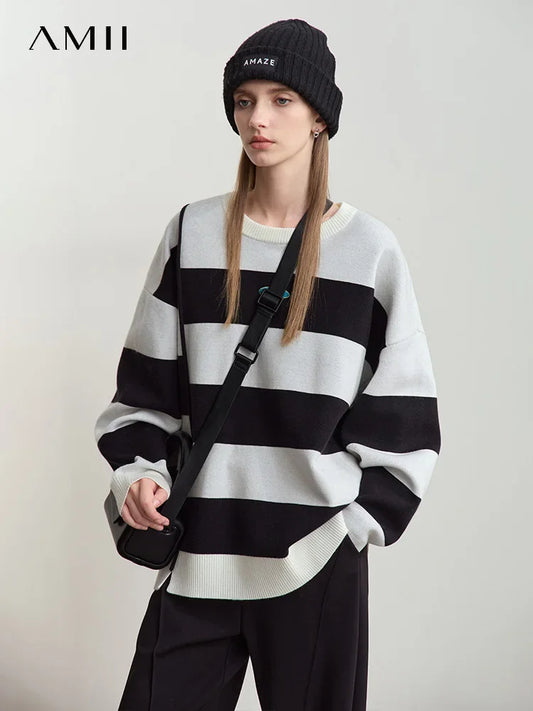 Gestreifter Damenpullover mit langen Ärmeln, schwarz-weiß, locker sitzend
