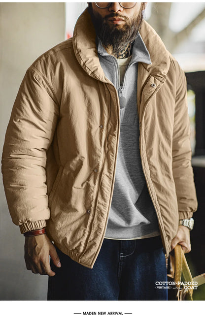 Herren Mantel Retro Khaki Stehkragen gefütterte Puffjacke mit Reißverschluss