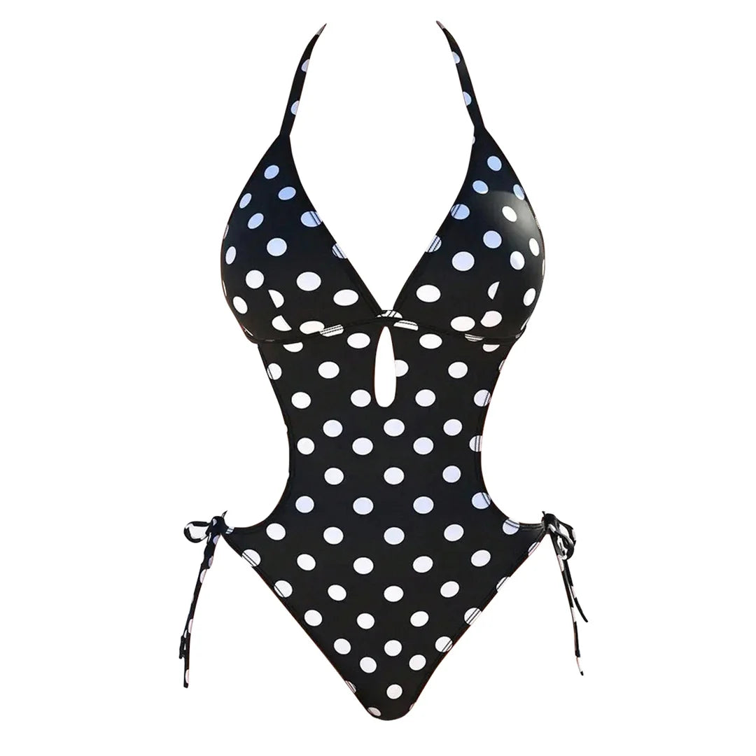 Damen-Badeanzug Polka Dots Neckholder rückenfrei High-Leg Monokini