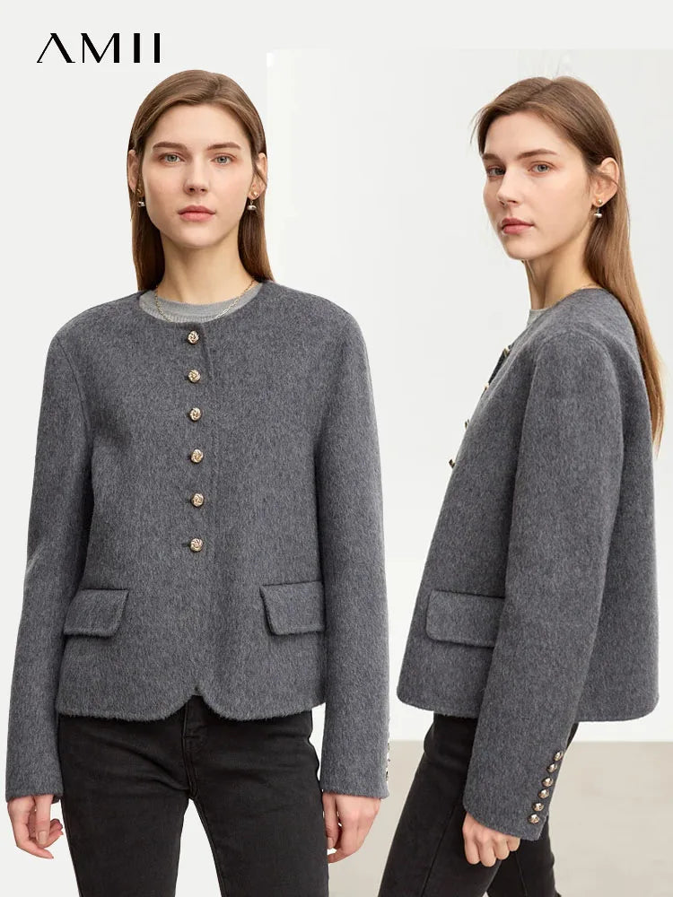 Damen Wolljacke aus Luxus-Tweed im Vintage-Stil mit Knopf und Taschen