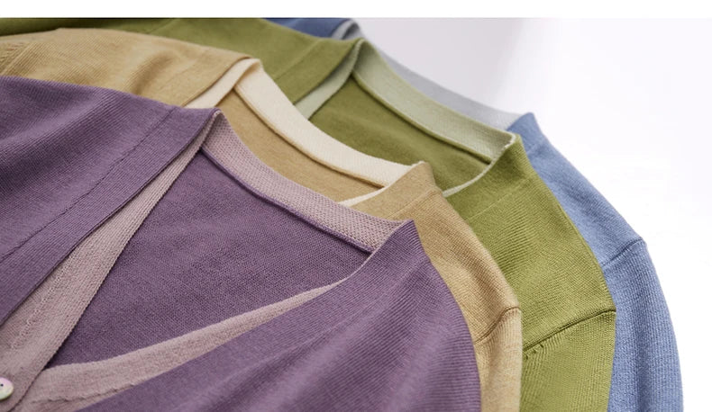 Damen-Strickjacke V-Ausschnitt dünn locker Patchwork Sommer