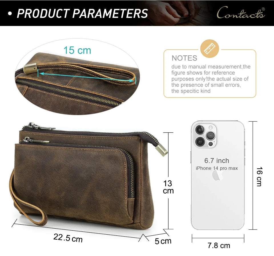 Braune Lederhandtasche mit Reißverschluss, passend für Smartphone bis ca. 6,7 Zoll