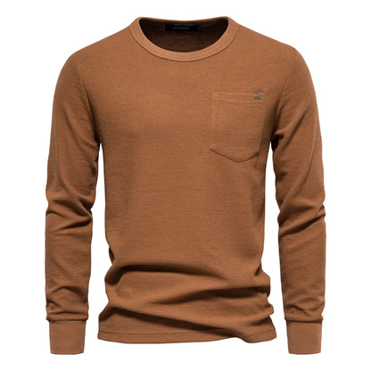 Herren-T-Shirt aus Waffel-Baumwolle mit langen Ärmeln – einfarbiges Einzeltaschen-Design, atmungsaktives Herbst-Basic-Oberteil für lässige Outfits