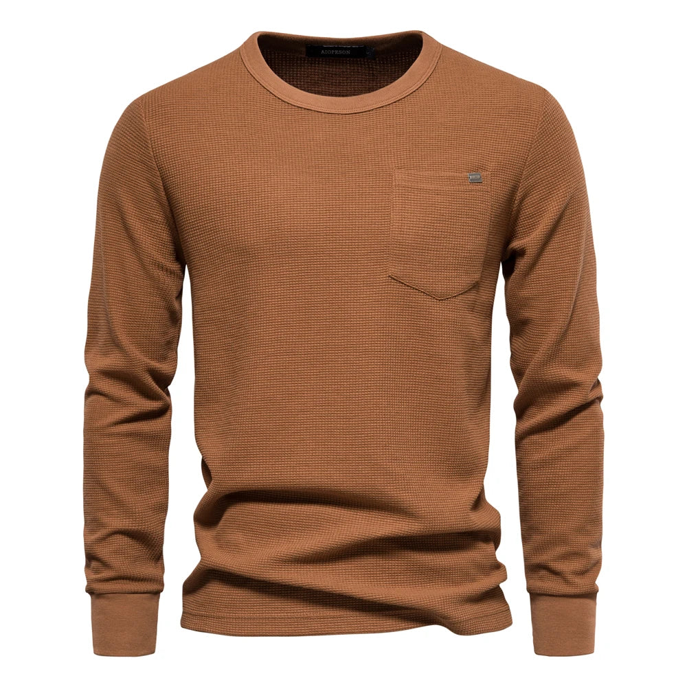 Herren Langarm T-Shirt aus einfarbigem Waffelstoff mit Brusttasche