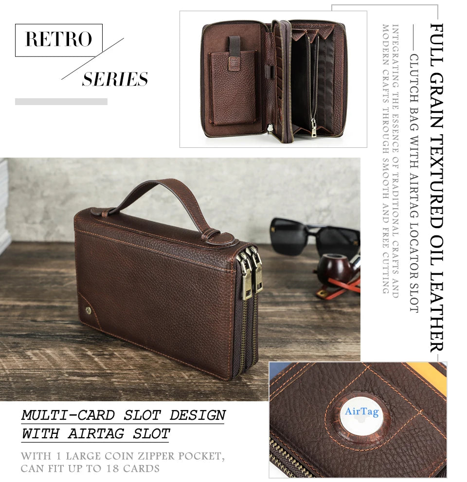 Braune Leder-Clutch mit Tragegriff, Reißverschluss und Kartenfächern