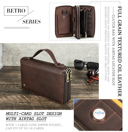 Braune Leder-Clutch mit Tragegriff, Reißverschluss und Kartenfächern