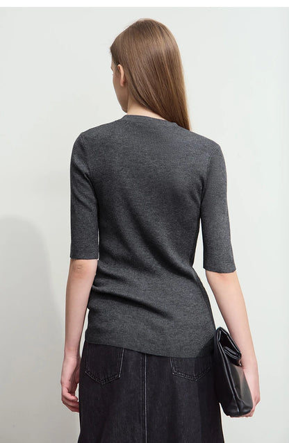 Damen-Strickpullover Rückansicht, dunkelgrau, 3/4-Ärmel, Rundhalsausschnitt