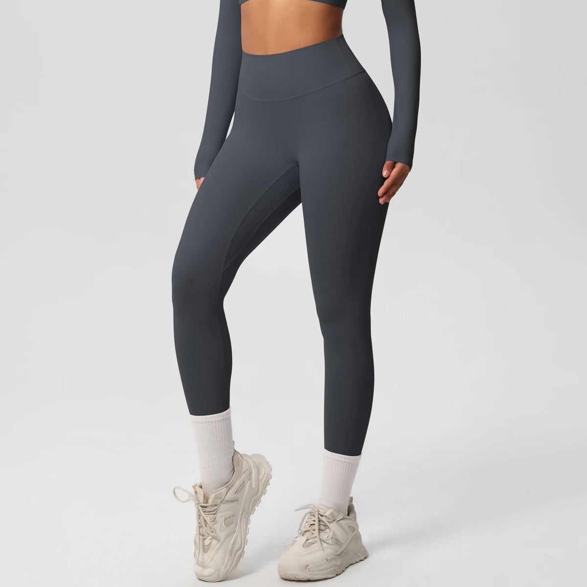 Damen-Yoga-Leggings in Dunkelgrau, lang, körpernah, hoher Bund