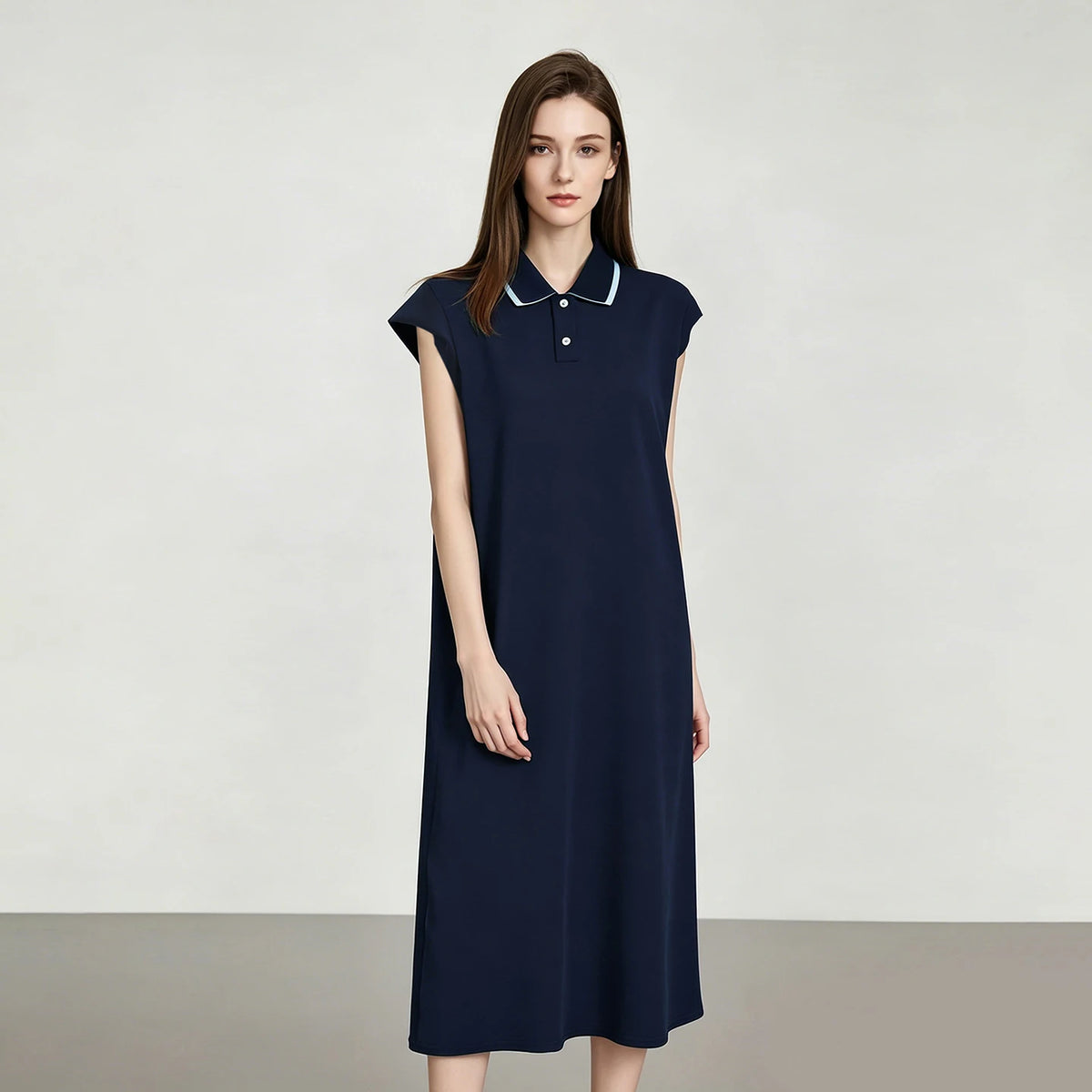 Midi-Strickkleid dunkelblau mit Polokragen und Knopfleiste, kurze Flügelärmel