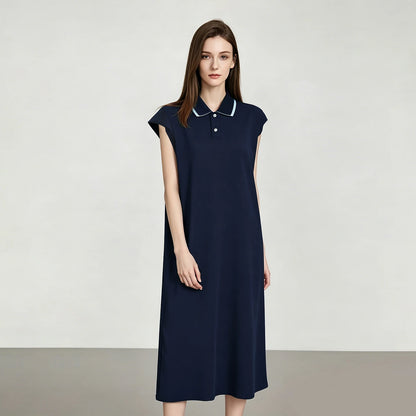 Midi-Strickkleid dunkelblau mit Polokragen und Knopfleiste, kurze Flügelärmel