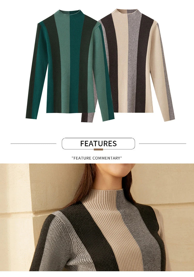 Damen-Rollkragenpullover Slim Patchwork Streifen Viskose Winter