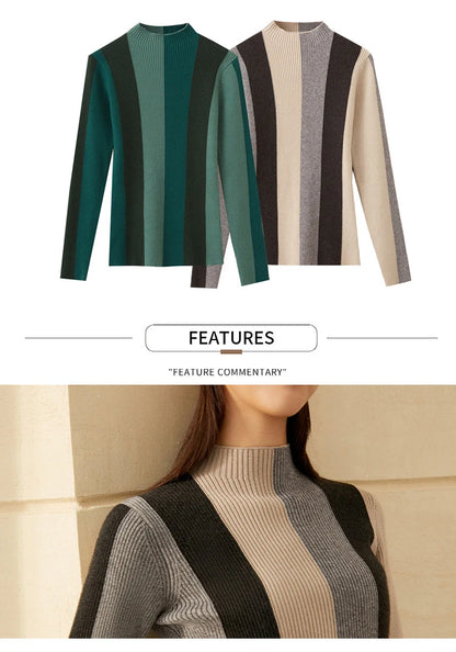 Damen-Rollkragenpullover Slim Patchwork Streifen Viskose Winter