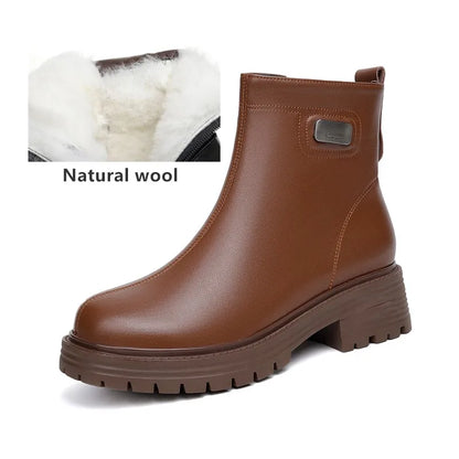 Braune Damen-Stiefelette aus Leder mit Wollfutter und dicker Profilsohle