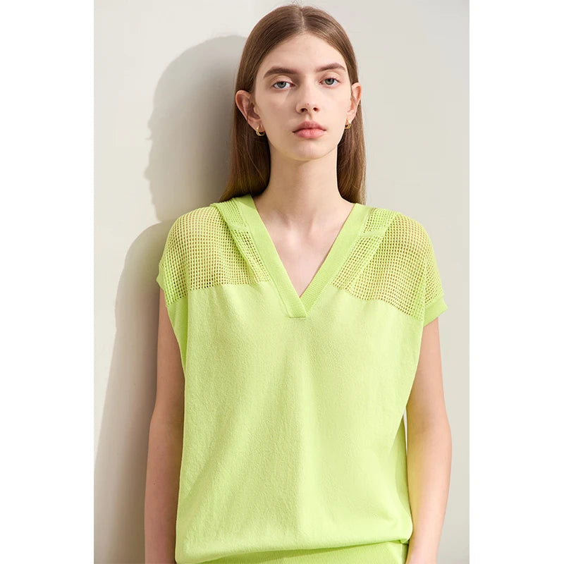 Damen-Kurzarm-Strickpullover mit V-Ausschnitt, gelbgrün, locker geschnitten
