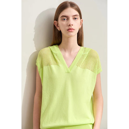 Damen-Kurzarm-Strickpullover mit V-Ausschnitt, gelbgrün, locker geschnitten