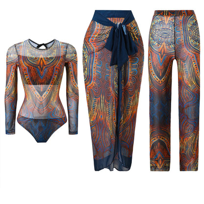 Damen-Badeanzug 3-teilig Print Langarm Sarong-Set gepolstert