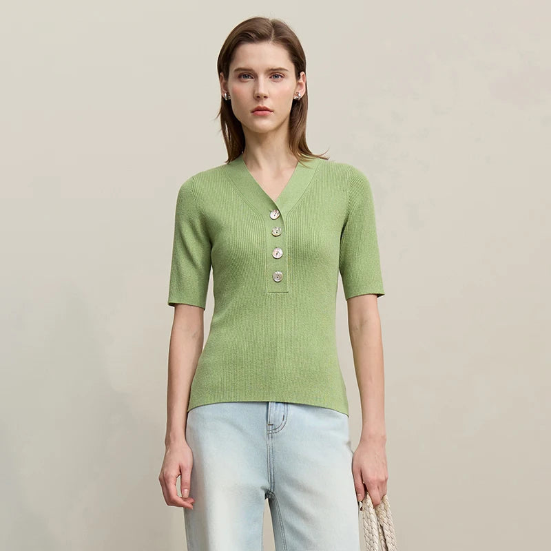 Damen V-Ausschnitt Pullover Wolle-Mix Halbarm Slim Frühling-Herbst