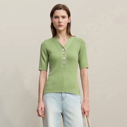 Damen V-Ausschnitt Pullover Wolle-Mix Halbarm Slim Frühling-Herbst