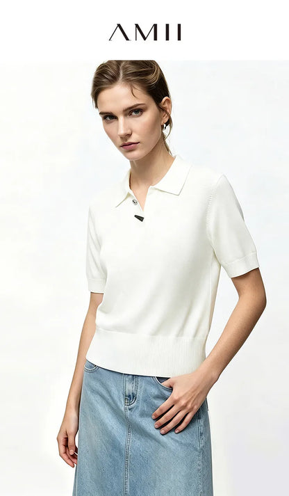 Damen-Polostricktop, kurzarm, weiß, mit Knopfleiste und schmalem Kragen