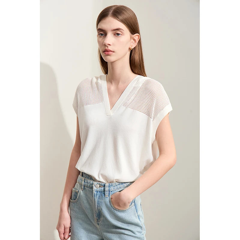 Damen-Kurzarm-Strickpullover mit V-Ausschnitt, cremeweiß, lockere Passform