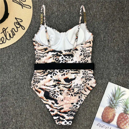 Damen-Badeanzug Rippe Gürtel High-Cut Bodysuit einteilig