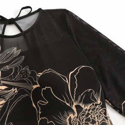 Damen-Badeanzug 3-teilig Print Langarm Sarong-Set gepolstert