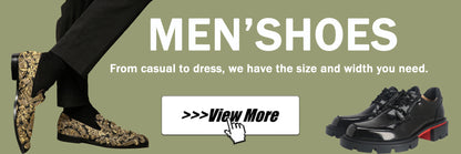 Werbebanner für Herren-Schuhe mit Blick auf schwarze Slipper und Größenhinweis