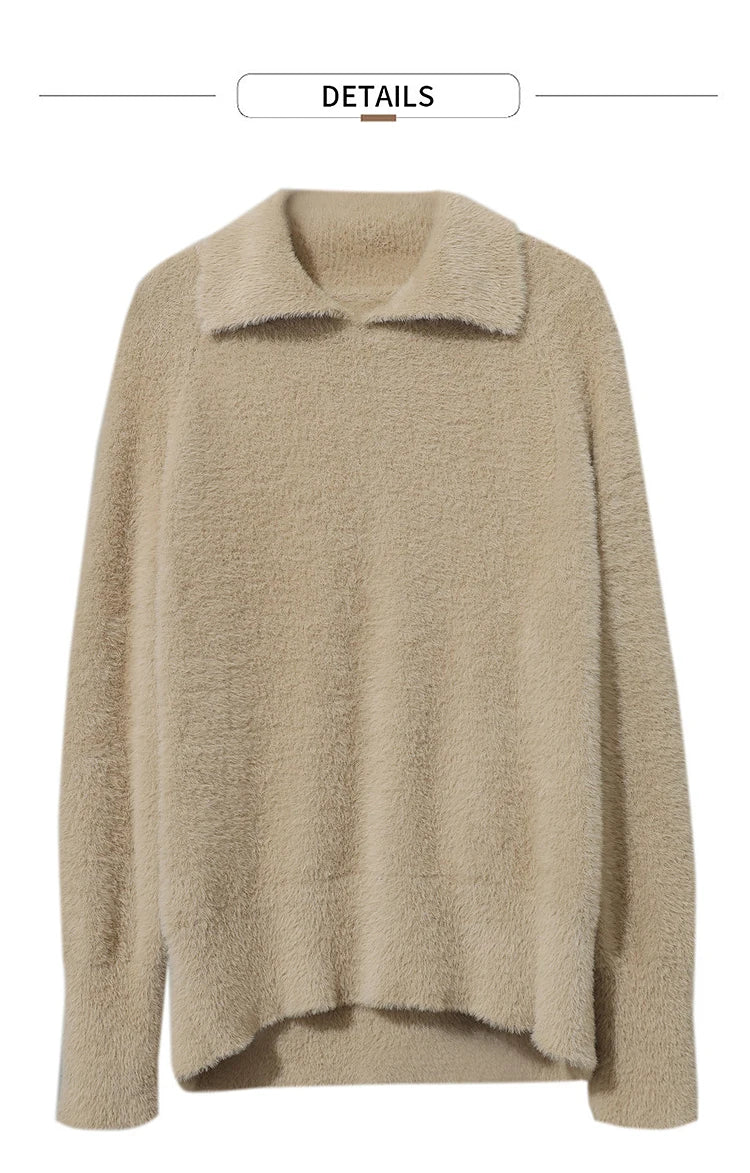 Beiger Damenpullover aus flauschigem Strickstoff, gerader Schnitt, breiter Kragen, lange Ärmel