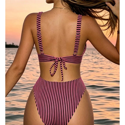 Damen Badeanzug gestreift tiefer V-Ausschnitt Cut-Out Monokini hoher Beinausschnitt