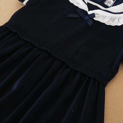 Mädchen-Sommerkleid, 100 % Baumwolle, marineblaue Kleidung für Kinder im Alter von 2–6 Jahren, mit weißem Kragen, kurzen Ärmeln, Kinderkleider