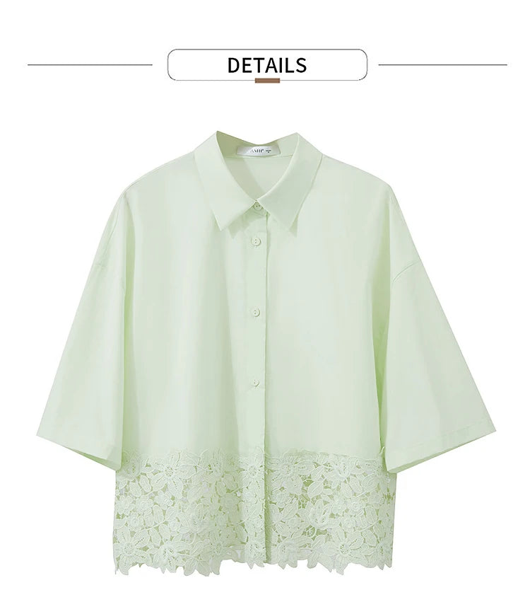 Damen Kurzarm Shirt mit drehbarem Kragen und solider Aushöhlung