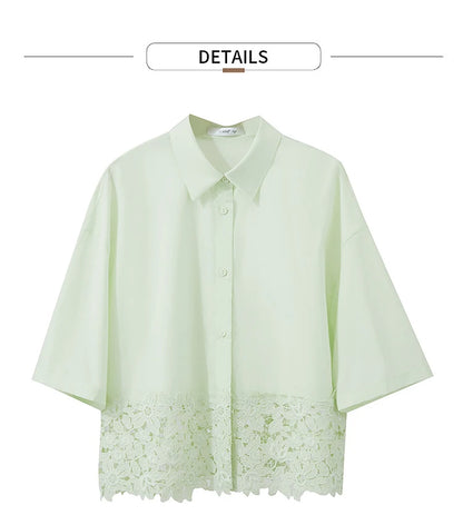 Damen Kurzarm Shirt mit drehbarem Kragen und solider Aushöhlung