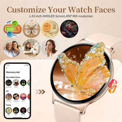 LIGE 2024 1,43" HD AMOLED Smart Watch DAMEN Herzfrequenz Blutsauerstoffmonitor Damen Gesundheit Smartwatch FÜR Xiaomi IOS Damen Geschenk