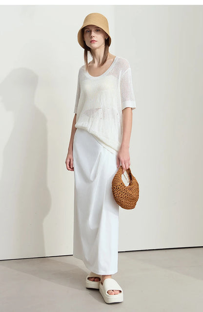 Damenpullover mit V-Ausschnitt, kurzarm, weißem Strick mit transparenter Jacquard-Optik