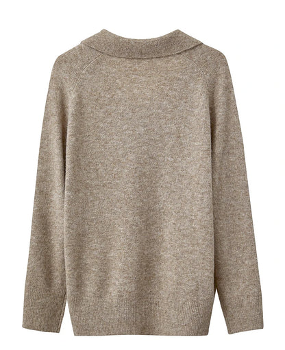 Damenpullover aus Strick, beiger melierter Stoff, hoher Rückenkragen, Rückansicht
