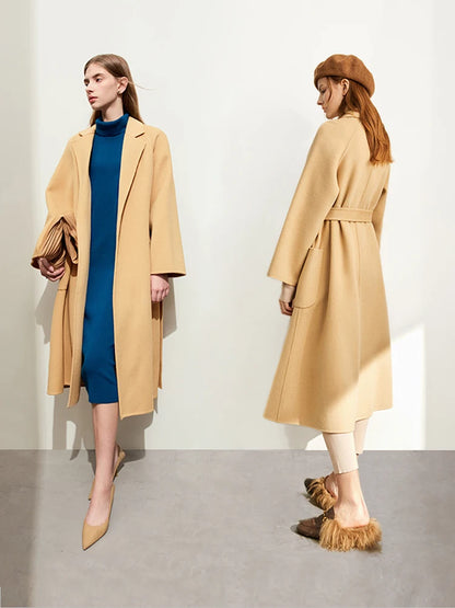 Damen Wollmantel im minimalistischen Stil mit Gürtel und Vintage-Blazer-Kragen
