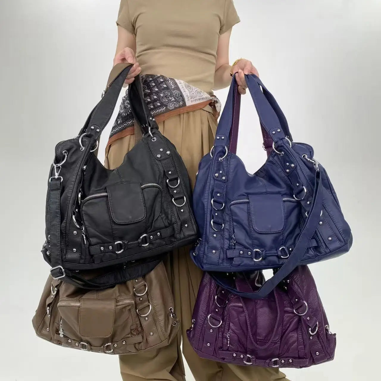 Damen-Vintage-Schultertasche Große Schwarze Mit Top-Griff Und Mehreren Fächern Für Viel Stauraum