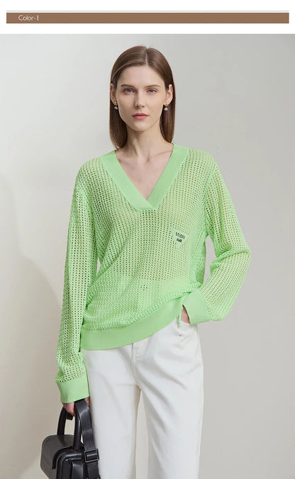 Neongrüner Strickpullover mit V-Ausschnitt und langen Ärmeln, lockere Passform