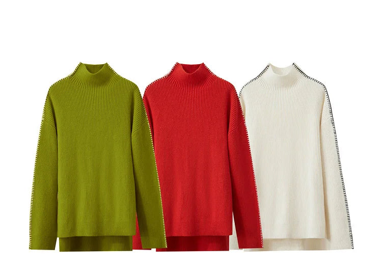 Damen-Rollkragenpullover Wolle Stickerei locker Weihnachten Winter