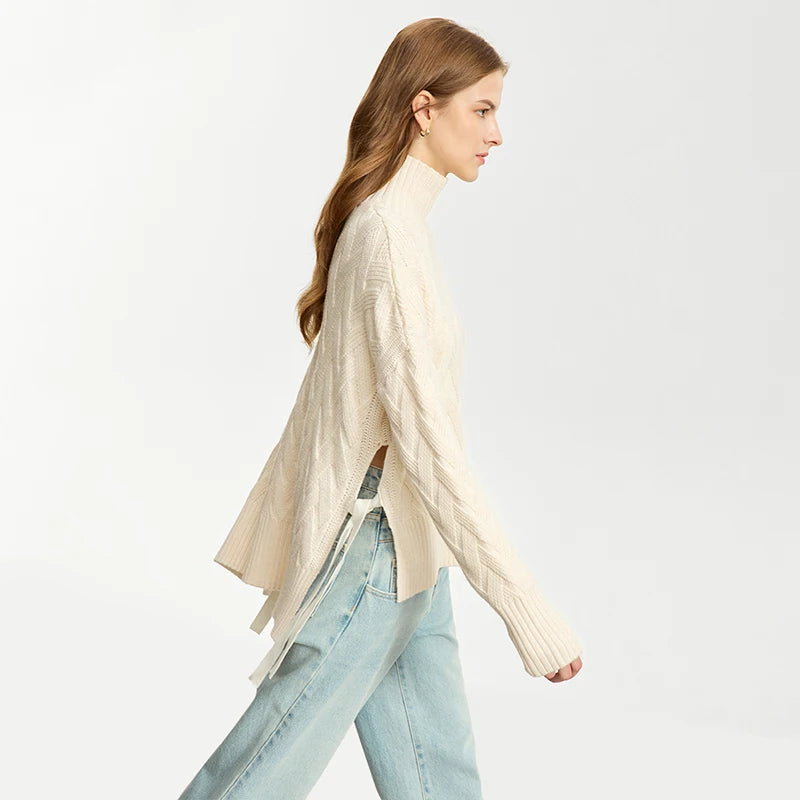 Damen-Rollkragenpullover locker Schnürung Herbst-Winter
